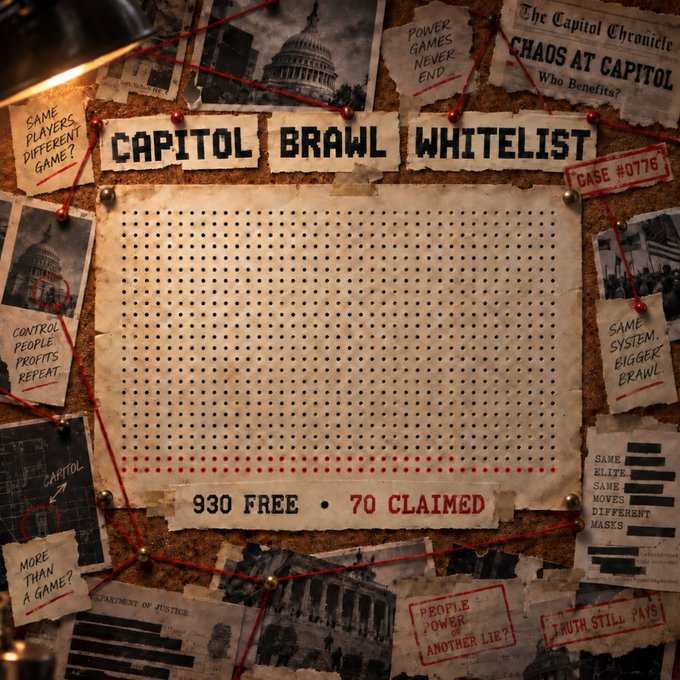 A corkboard 'CAPITOL BRAWL WHITELIST' display (Case #0776) showing a 70/930 claimed status, surrounded by newspaper clippings and notes with text like 'SAME PLAYERS DIFFERENT GAME?', 'POWER GAMES NEVER END', 'CHAOS AT CAPITOL', and 'CONTROL PEOPLE PROFITS REPEAT'.