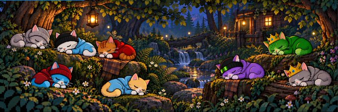 A digital illustration depicts multiple cartoon cats wearing various colorful hats sleeping peacefully in a lush, enchanted forest setting with a small waterfall, glowing lanterns, and a lit cottage in the background.
