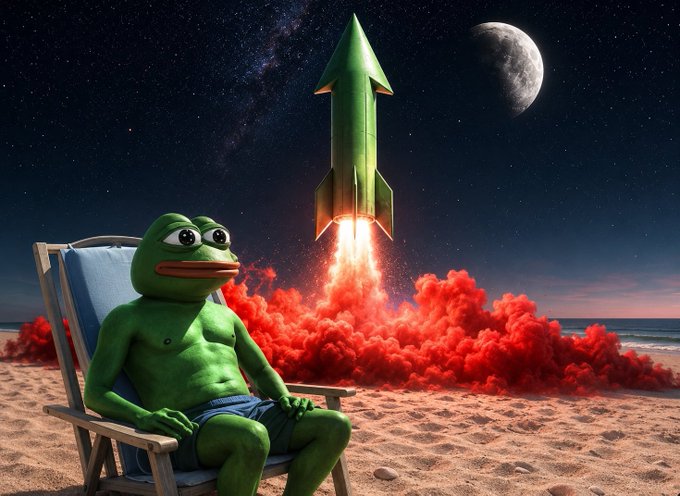 An AI-generated image shows Pepe the Frog sitting in a beach chair on a sandy beach, watching a green rocket launch into a starry night sky with a moon, surrounded by red smoke.