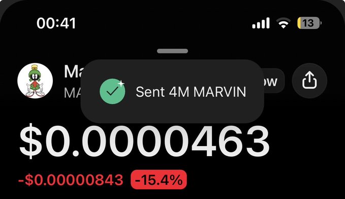 A screenshot of a crypto transaction confirmation showing "Sent 4M MARVIN" against a portfolio displaying a value of $0.0000463 with a -15.4% decline (-$0.00000843), visually documenting the $MARVIN token airdrop mentioned in the post.