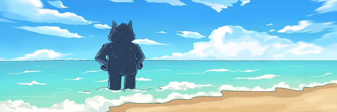 An animated scene shows a dark, wolf-like character with its back turned, standing in shallow ocean water facing a blue sky with fluffy clouds.