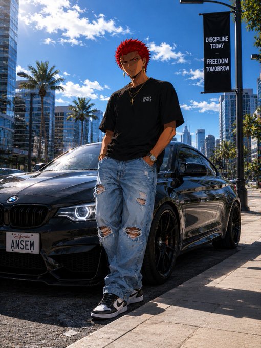 An anime-style illustration of a red-haired character in a black t-shirt, ripped jeans, and sneakers leaning against a black BMW with a 'DISCIPLINE TODAY FREEDOM TOMORROW' banner in an urban skyline setting.