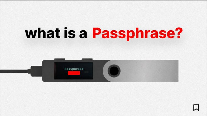 A graphic asking 'what is a Passphrase?' with an image of a hardware cryptocurrency wallet displaying 'Passphrase' on its small screen.
