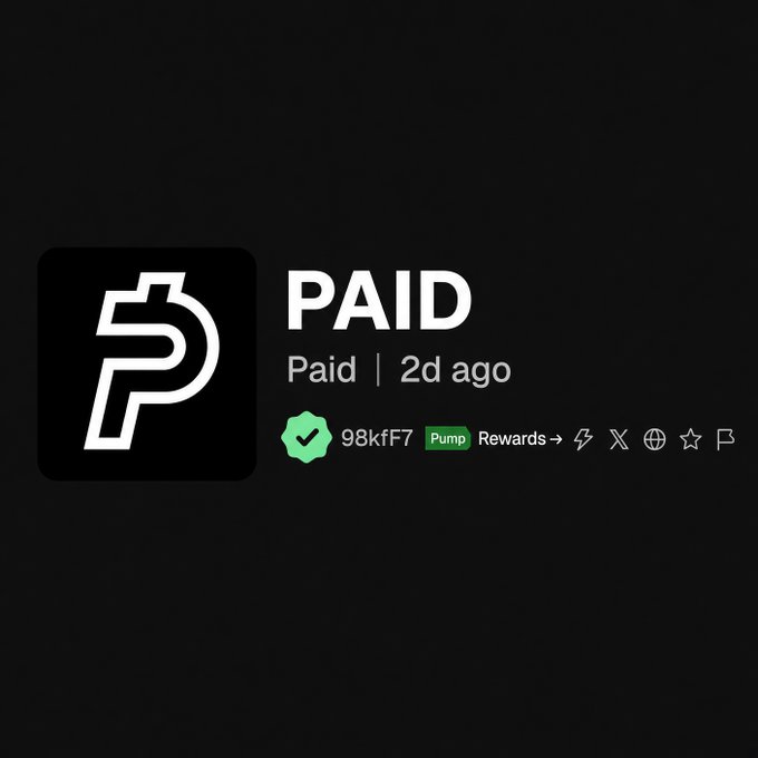 A dark screen displaying the Pump.fun logo and the word 'PAID' alongside 'Paid | 2d ago', with a verified checkmark next to the address '98kfF7' and social/reward icons.