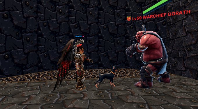 A video game screenshot shows a character with black wings facing a large red orc boss labeled 'Lv59 WARCHIEF GORATH' in a dark stone arena.