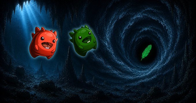 Two cartoonish dinosaur/blob creatures (one red, one green) stand in a dark cave with stalactites, looking toward a swirling blue tunnel that leads to a glowing green feather.