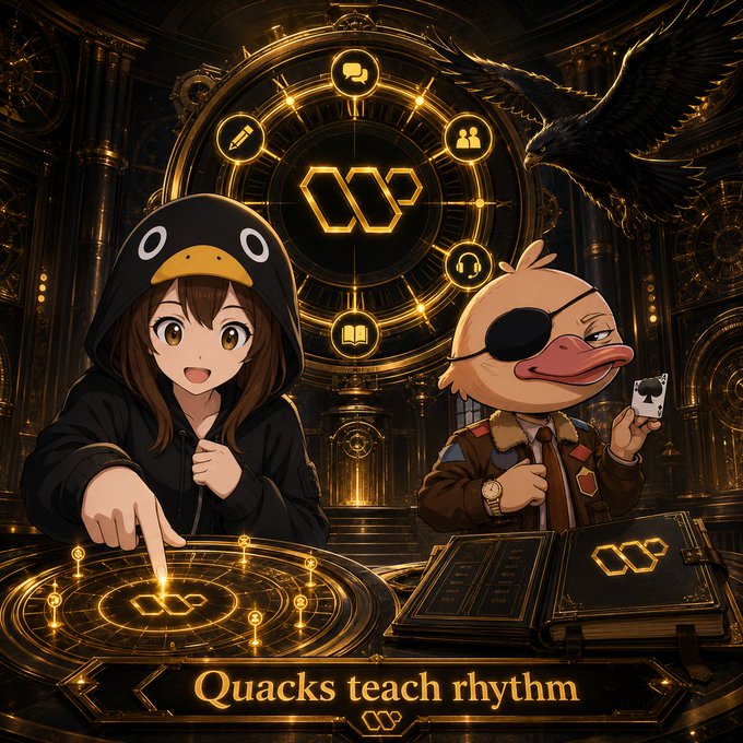 The image features a girl wearing a black hoodie with a penguin design sitting at a table surrounded by books, while another person dressed as a duck stands nearby. The scene appears to be set in an old building or castle-like structure, giving it a medieval feel. A clock is visible on the wall behind them, and there are several books scattered around the room.

The post about Quacks teach rhythm seems to be related to this image, as it suggests that the girl wearing the penguin hoodie might have been learning or teaching something related to music or rhythm using the books in front of her. The duck character could potentially be a mascot for an educational institution or a creative project involving music and literature.