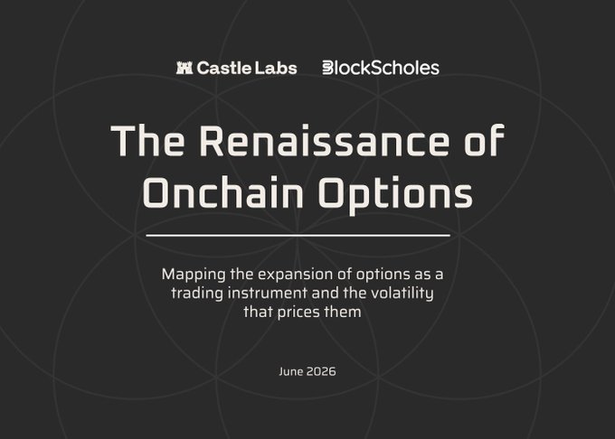Title slide for a report titled 'The Renaissance of Onchain Options' by Castle Labs and BlockScholes, subtitled 'Mapping the expansion of options as a trading instrument and the volatility that prices them', dated June 2026.