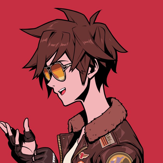 An anime-style illustration of a young man with spiky brown hair wearing orange-tinted aviator sunglasses and a brown leather jacket with fur collar against a red background.