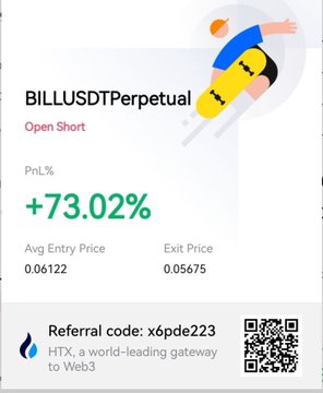 A trading screenshot showing a BILLUSDT Perpetual 'Open Short' position with a PnL% of +73.02%, an average entry price of 0.06122, and an exit price of 0.05675, featuring a referral code 'x6pde223' for HTX.