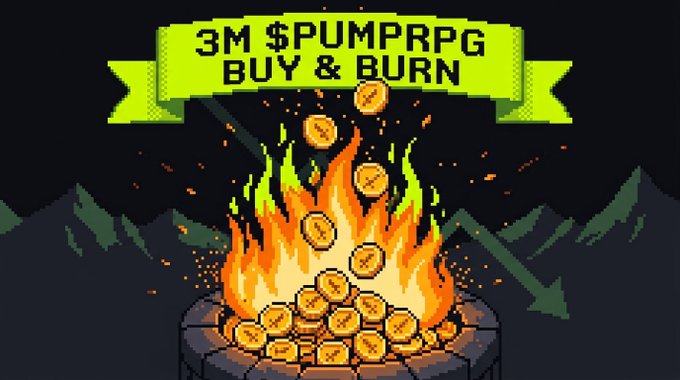 A pixel art graphic depicts a fire pit burning gold coins, with a green banner reading "3M $PUMPRPG BUY & BURN" and a downward arrow, illustrating the "buy and burn" tokenomics model referenced in the post.