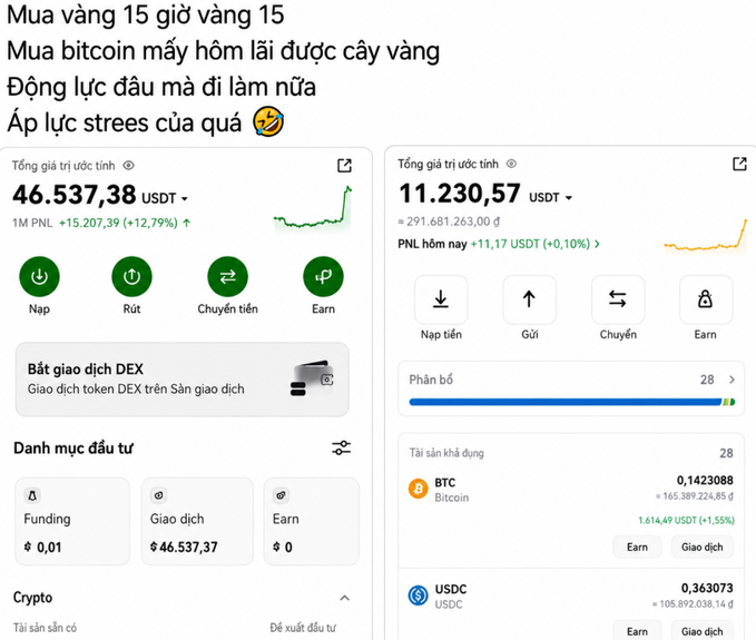 Two cryptocurrency trading account screenshots showing portfolios valued at 46,537.38 USDT and 11,230.57 USDT, with Vietnamese text comparing gold and Bitcoin investments.