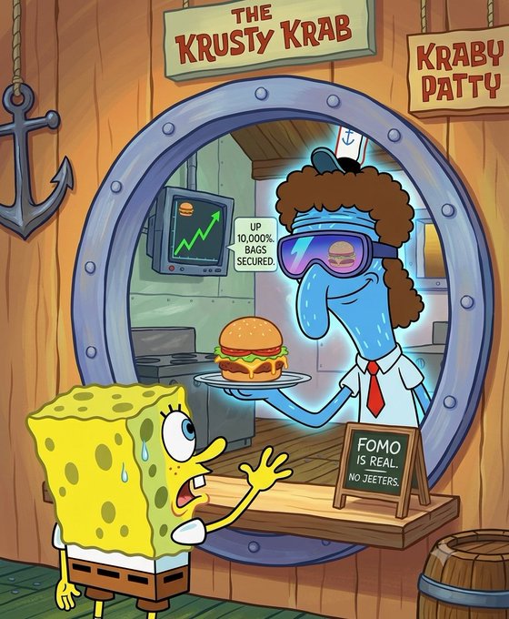 A cartoon parody at the Krusty Krab featuring SpongeBob looking distressed while a hipster squid character serves a Krabby Patty with a sign reading 'FOMO IS REAL. NO JEETERS' and a monitor showing 'UP 10,000% BAGS SECURED'.
