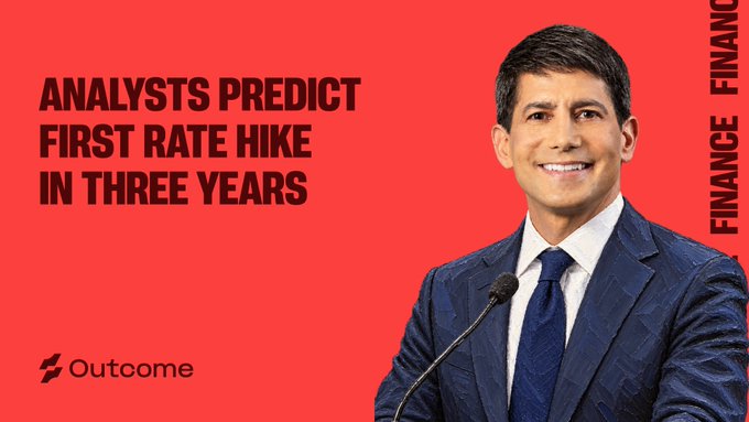 A red promotional graphic features a smiling man in a blue suit at a microphone, with text reading 'ANALYSTS PREDICT FIRST RATE HIKE IN THREE YEARS' and 'FINANCE' alongside the Outcome logo.