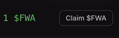 The image displays "1 $FWA" in green text next to a "Claim $FWA" button, suggesting a token reward or claim interface. It visually illustrates the post's humorous question about whether just 1 token of $FWA would be enough to retire on.