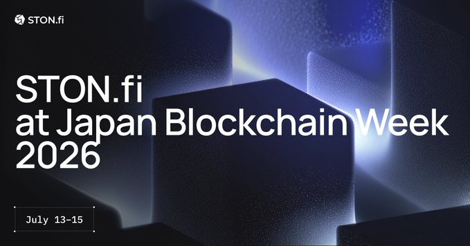 A dark promotional graphic for 'STON.fi at Japan Blockchain Week 2026' scheduled for 'July 13-15'.