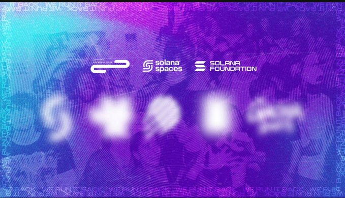 A vibrant purple and blue promotional graphic for Solana Summer House 2026, featuring the logos of Solana Spaces, Solana Foundation, and Spenders Club in the center, with repeating "WE RUN BACK" text along the borders and blurred white text in the background. The image visually announces the event's lineup in a stylized, atmospheric design.