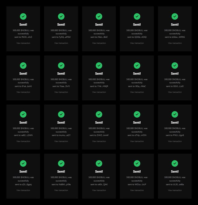 The image displays a grid of 20 identical "Sent!" confirmation cards, each showing that 300,000 $NOBULL was successfully transferred to a unique Solana address, serving as visual proof of mass payouts for the requested Solana airdrop campaign.