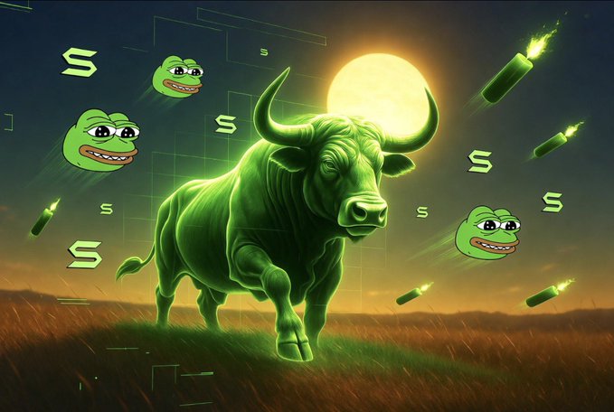 The image depicts a glowing green bull charging across a moonlit savanna, surrounded by the "$SUNUSI" ticker and Pepe the Frog memes, visually reinforcing the post's message about focusing on the "$SUNUSI" chart ("TheAfricanBull") while ignoring distracting "noise." The serene natural scene with the powerful bull symbolizes the advice to "touch grass" and stay grounded amid market chaos.