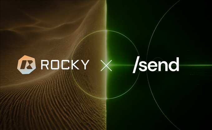 A promotional graphic for a partnership between Rocky and /send, featuring the Rocky logo on the left and the /send logo on the right, separated by an "X" symbol against a split background of warm sand dunes and a dark green grid with a glowing green vertical line. The design visually reinforces the collaboration announcement between the two brands.