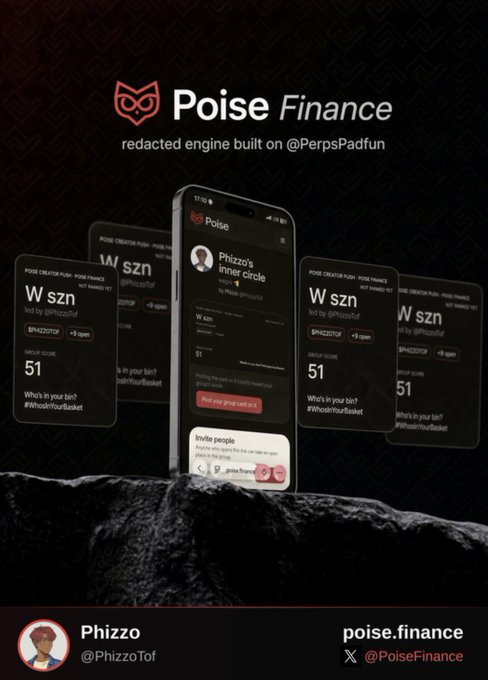 A promotional graphic for 'Poise Finance', a redacted engine built on @PerpsPadfun, featuring a phone display of 'Phizzo's inner circle' and Twitter handle @PoiseFinance.