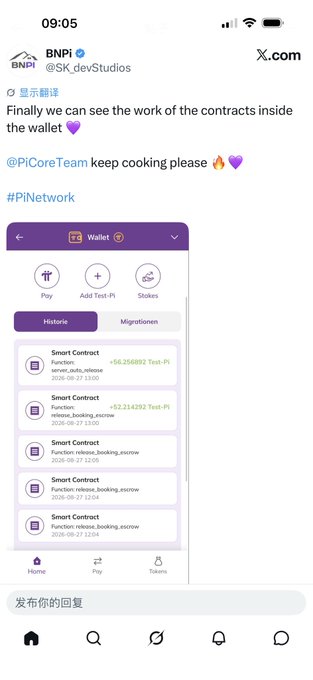 The image shows a screenshot of a tweet from BNPI (@SK_devStudios) about the Pi Network wallet, accompanied by a screenshot of the wallet interface displaying a "Historique" (History) tab with multiple Smart Contract transactions, including functions like "release_escrow" with positive Test-Pi amounts (+56.256892 and +52.214292) and timestamps from September 27. The tweet expresses excitement about seeing smart contract work within the wallet, tagging @PiCoreTeam and using #PiNetwork, which directly illustrates the post's claim about enhanced transparency through visible automatic-release and escrow transactions in real time.