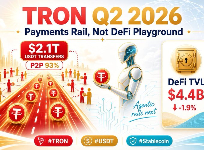 An infographic titled 'TRON Q2 2026 Payments Rail, Not DeFi Playground' showing stats including '$2.1T USDT TRANSFERS', 'P2P 93%', and 'DeFi TVL $4.4B ↓-1.9%', featuring a humanoid robot and the hashtags '#TRON #USDT #Stablecoin'.