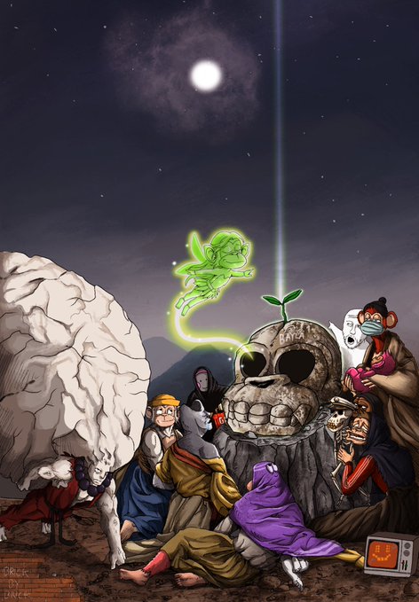 An illustration depicting various iconic internet/anime characters gathered around a giant skull with a sprout, under a moonlit sky with a green ghost-like figure flying nearby.