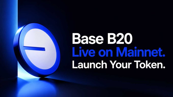 A promotional graphic with a blue 3D logo reading 'Base B20 - Live on Mainnet. Launch Your Token.' against a dark background.