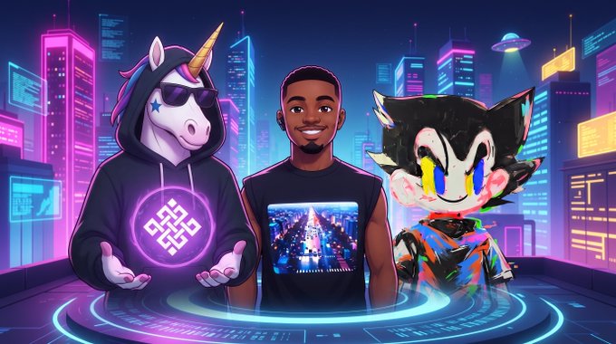 A stylized digital illustration featuring three characters—a unicorn in a black hoodie holding a purple glowing symbol, a young man in a graphic t-shirt, and a cartoon character with cat-like features—standing in a vibrant neon cyberpunk cityscape.