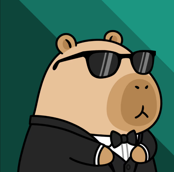 An illustration of a capybara wearing black sunglasses, a black tuxedo jacket, and a bow tie, set against a green gradient background.