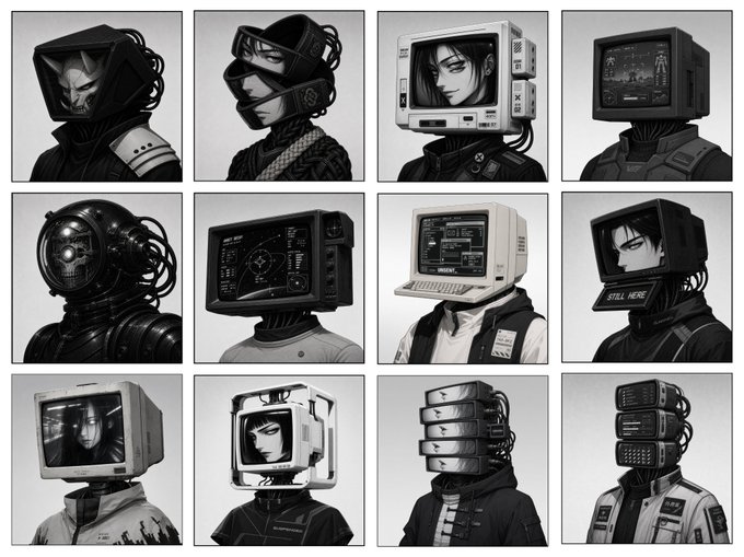 A grid of twelve monochromatic illustrations depicting cyborg-like characters with various electronics, such as monitors and cameras, for heads.