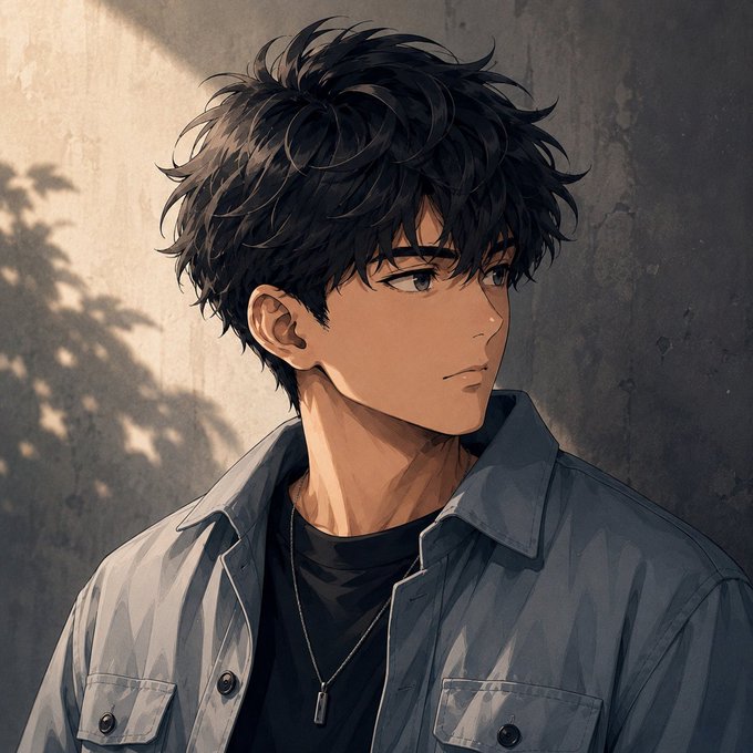 An anime-style illustration of a young man with messy dark hair, wearing a gray jacket over a black shirt and a pendant necklace, looking off to the side against a textured wall.
