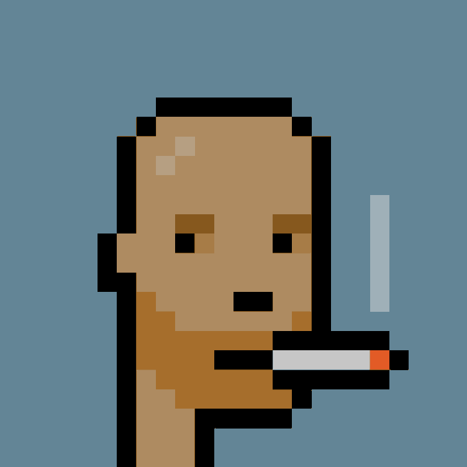A pixel art character with a bald head, neutral expression, and a cigarette in its mouth, representing CryptoPunk #4689 that was purchased for 37.98 ETH ($60,032 USD).