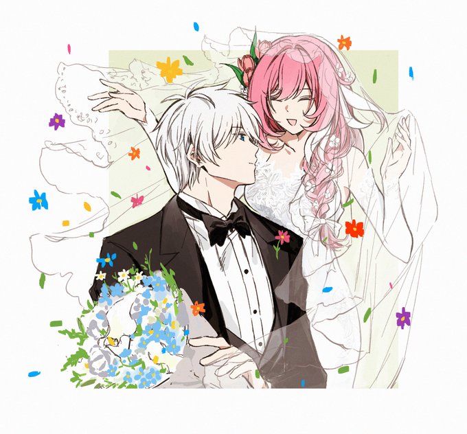 An anime-style illustration depicts a joyful wedding scene where a white-haired groom in a black tuxedo embraces his pink-haired bride in a flowing white gown, surrounded by falling colorful petals and a blue and white bouquet. The hashtag "#kevely" likely references the romantic pairing of these characters, celebrating their wedding moment.