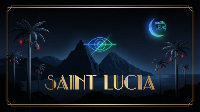 A stylized graphic with a neon eye over mountains, palm trees with red ornaments, and the text 'SAINT LUCIA' in an ornate gold frame.