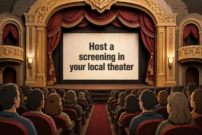 An illustration of a theater audience facing a screen that displays the text "Host a screening in your local theater".