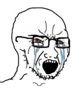 A black-and-white line drawing of a 'soyjak' meme face with glasses, bloodshot eyes, and an exaggerated open-mouthed crying expression.