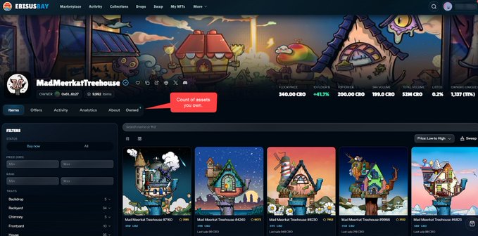 A screenshot of the EbisusBay marketplace displaying the 'MadMeerkatTreehouse' collection with 9,082 items, featuring various treehouse-themed NFT listings and a floor price of 346.00 CKB.