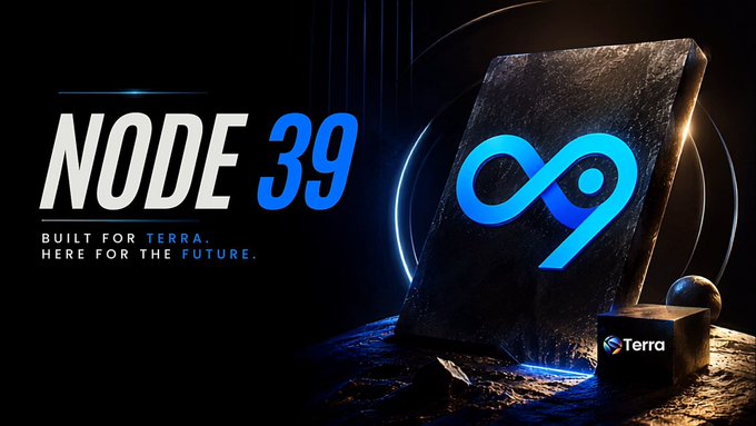 Promotional graphic for 'NODE 39' with the tagline 'BUILT FOR TERRA. HERE FOR THE FUTURE.' featuring a metallic block displaying a blue logo and a small Terra block beside it.
