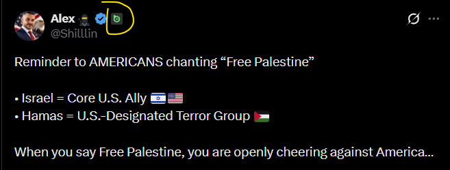 A tweet by user Alex (@ShillIn) reminds "AMERICANS chanting 'Free Palestine'" that Israel is a "Core U.S. Ally" while Hamas is a "U.S.-Designated Terror Group," concluding that such chants amount to "cheering against America." The image relates to the accompanying post by illustrating criticism of pro-Palestine supporters, which the original poster uses to accuse BC.GAME of endorsing people who "support the genocide."