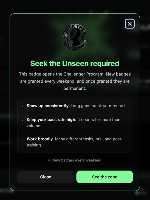 A "Seek the Unseen required" notification explains that this badge unlocks the Challenger Program with weekly permanent badges, advising users to show up consistently, maintain a high pass rate, and work broadly across various tasks.