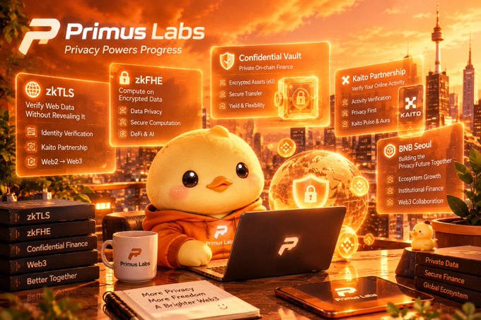 A promotional graphic for 'Primus Labs - Privacy Powers Progress' featuring an orange mascot duck at a laptop with feature cards including 'zkTLS,' 'zkFHE,' 'Confidential Vault,' 'Kaito Partnership,' and 'BNB Seoul.'