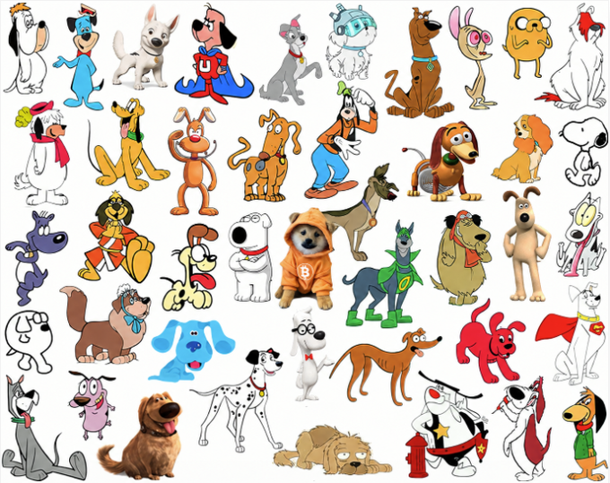 A collage of various cartoon dog characters, including recognizable ones like Snoopy, Scooby-Doo, and Odie.