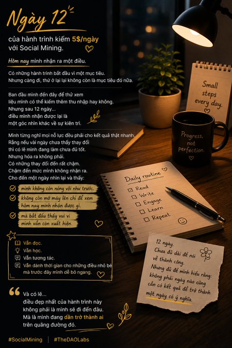 The image features a desk with various items, including a notebook, a cup of coffee, a plant, and some papers. The main focus of the image is a poster or flyer that has text written in both English and Vietnamese. The poster appears to be promoting social mining activities or an event related to social media.