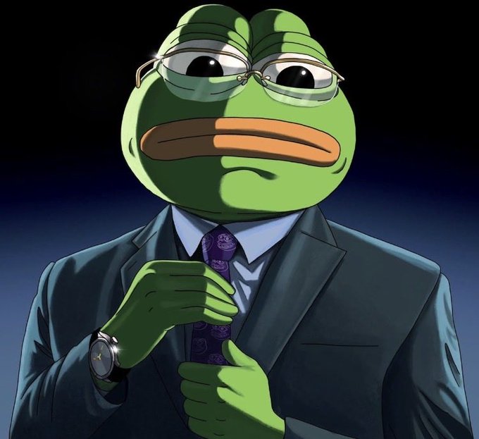 An illustration of a green frog wearing a suit, glasses, and a purple tie, holding a silver star emblem.