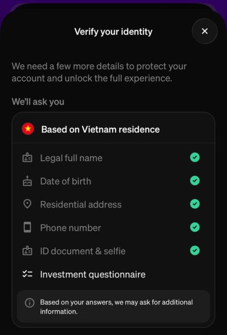 A dark-themed identity verification screen titled "Verify your identity" prompts users to provide personal details for Vietnam-based accounts, including legal full name, date of birth, residential address, phone number, ID document & selfie, and an investment questionnaire. The image illustrates the post's claim about MoonPay's extensive data collection by displaying the suspicious breadth of personal information requested under the guise of an airdrop.