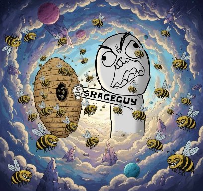 Surreal digital artwork labeled "SRAGECUY" showing an angry white character surrounded by cartoon bees, a beehive, and cosmic clouds with planets.