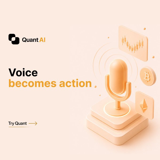A promotional graphic for 'Quant AI' with the tagline 'Voice becomes action' and a 'Try Quant' link, featuring a 3D-rendered peach-colored microphone surrounded by floating cards displaying audio waveforms, a Bitcoin logo, and an Ethereum logo.