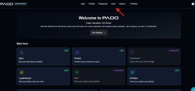 A screenshot of the PADO website (Built on Base by Nasu) with a red arrow pointing to the 'Earn' navigation menu at the top, showing options for Spot, Predict, Perpetuals, Earn, Social, and Portfolio.
